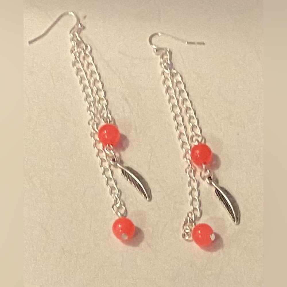 NEW Pink Jade Crystal Gemstone feather earrings